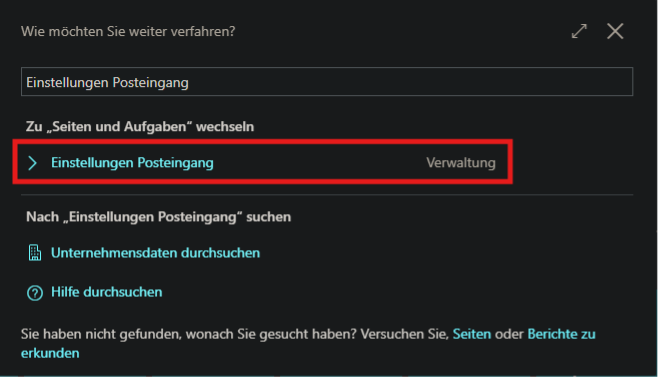 Kachel "Einstellungen Posteingang"
