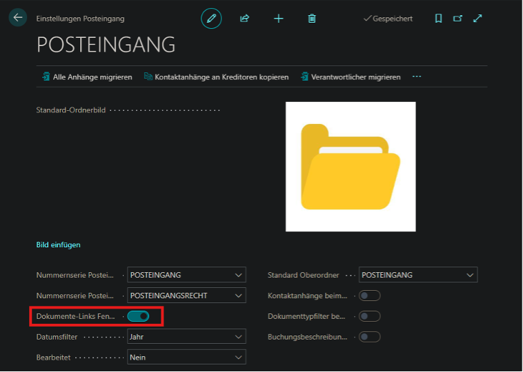 Kachel "Einstellungen Posteingang"